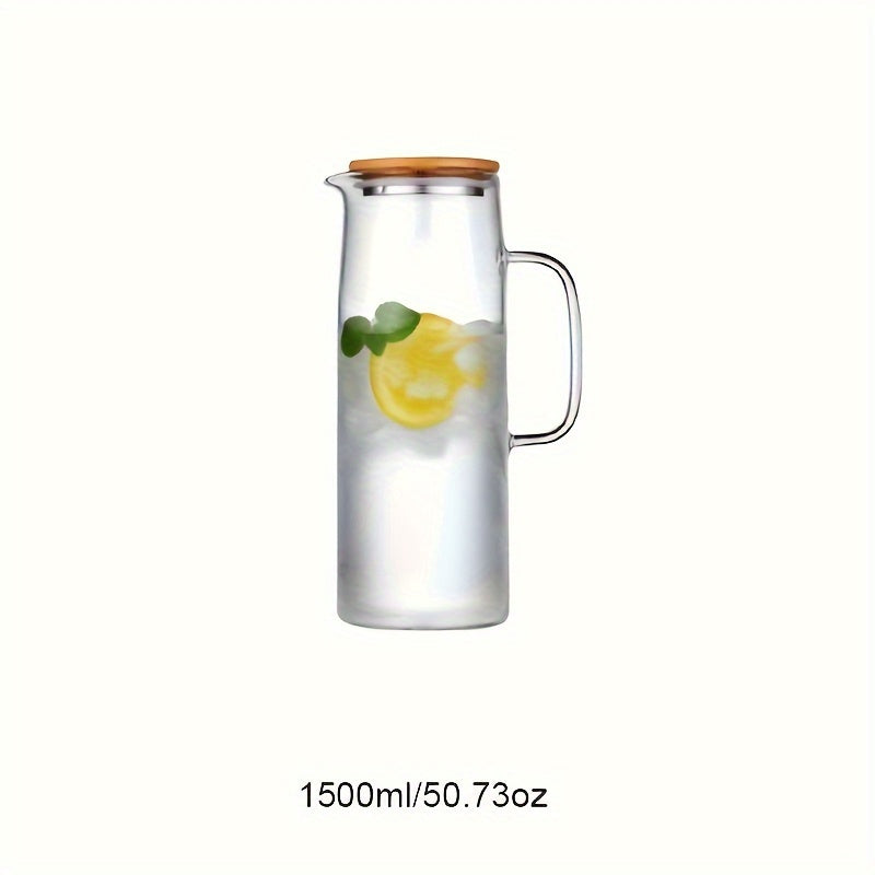 Glass cold water pitcher with bamboo lid, available in 1000ml or 1500ml sizes, round shape, hand wash only, suitable for chilled beverages - for adults.