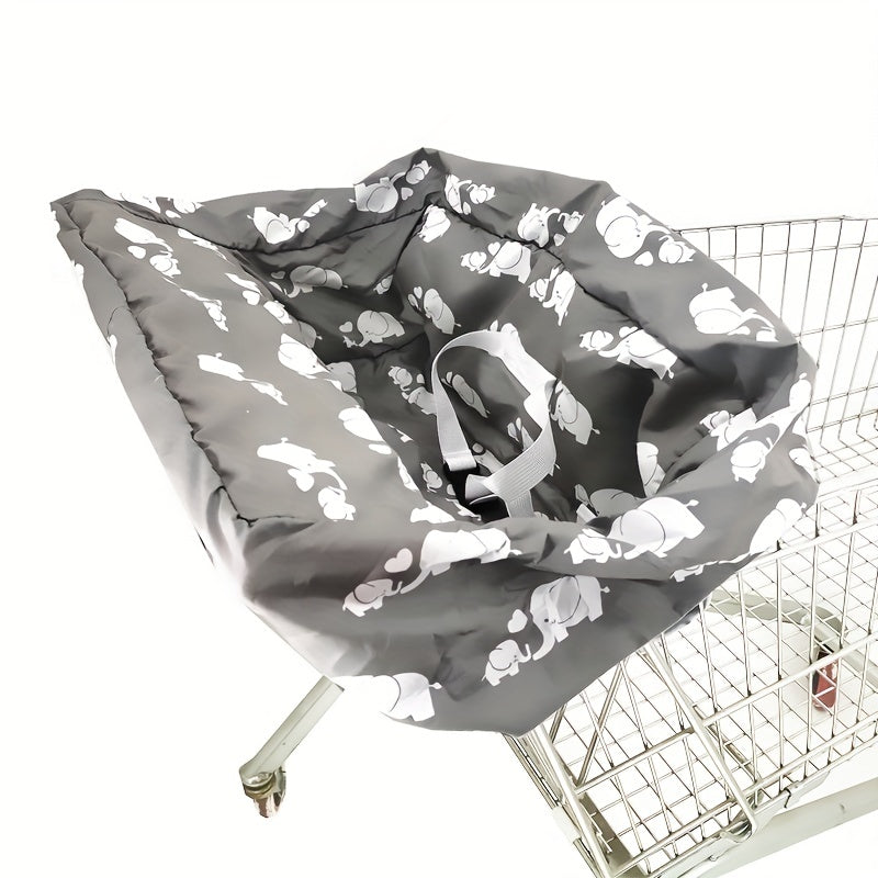 Comfortable and soft cushion for your shopping cart or high chair, featuring a safety belt and machine washable fabric. Available in gray, white, pink, and blue colors.