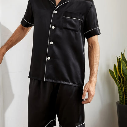 Men's casual solid color pajama set featuring a short sleeve button-up top and shorts. Made of a breathable polyester blend, machine washable. Perfect for spring/summer, leisure style.