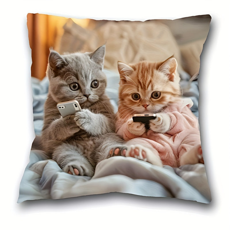 Adorable kitten print pillowcase - French style, 44.96cm x 44.96cm, machine washable, zippered closure, 100% polyester. Ideal for living room and bedroom decor (pillow insert not included).