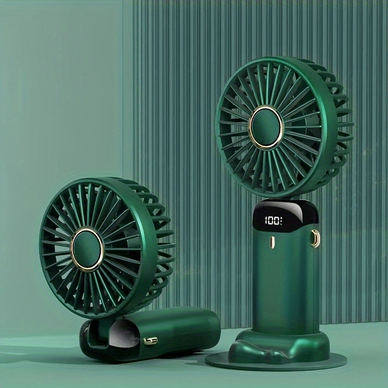 Cop Rose's Portable Mini Fan features 5-Speed Settings and an LED Display. It is USB Rechargeable with Touch Control and a Foldable Design, perfect for both indoor and outdoor use.