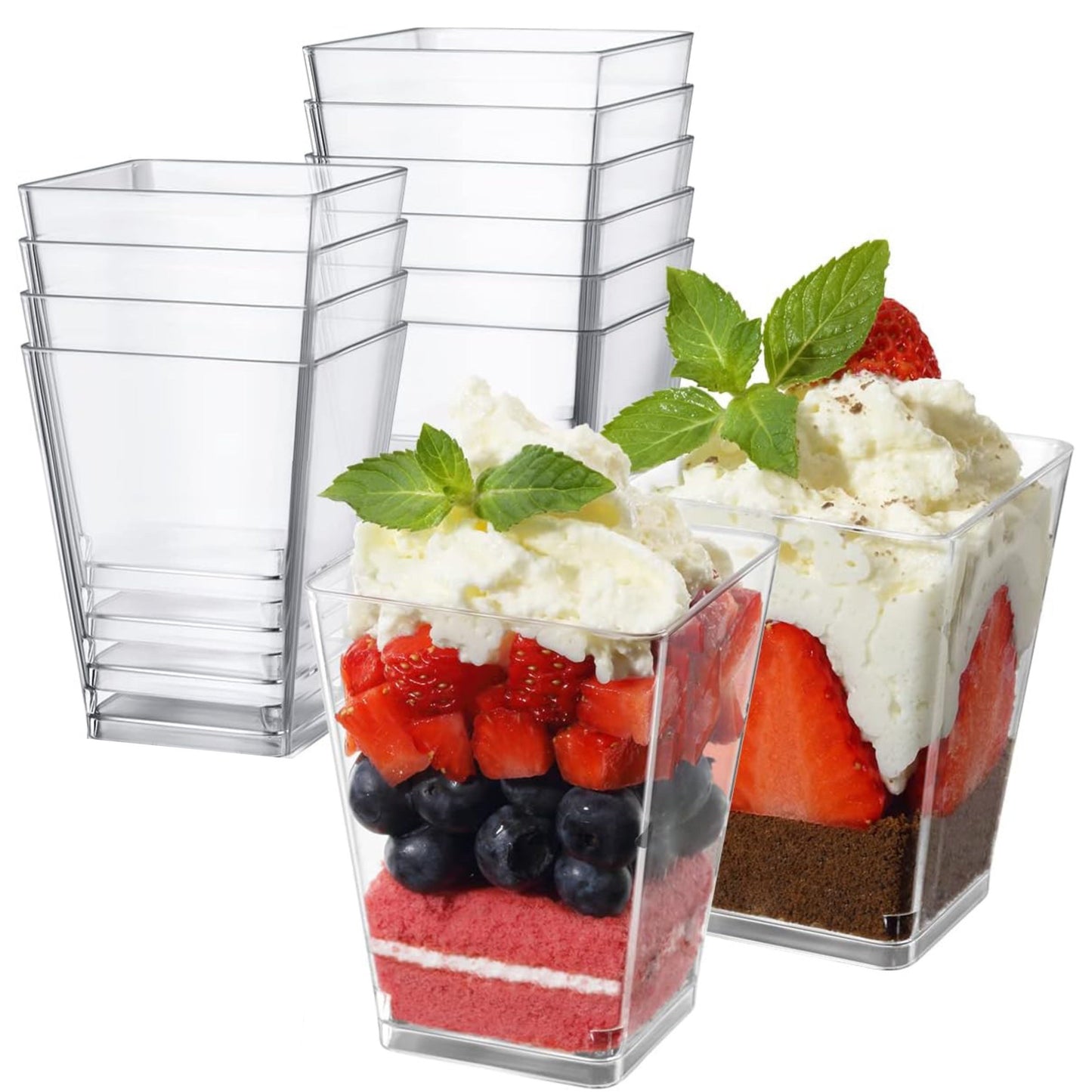 50 pieces of 5-ounce plastic dessert cups, small clear square disposable cups for party, wedding, outdoor events. Perfect for serving yogurt, pastries, appetizers, fruits, and pudding.