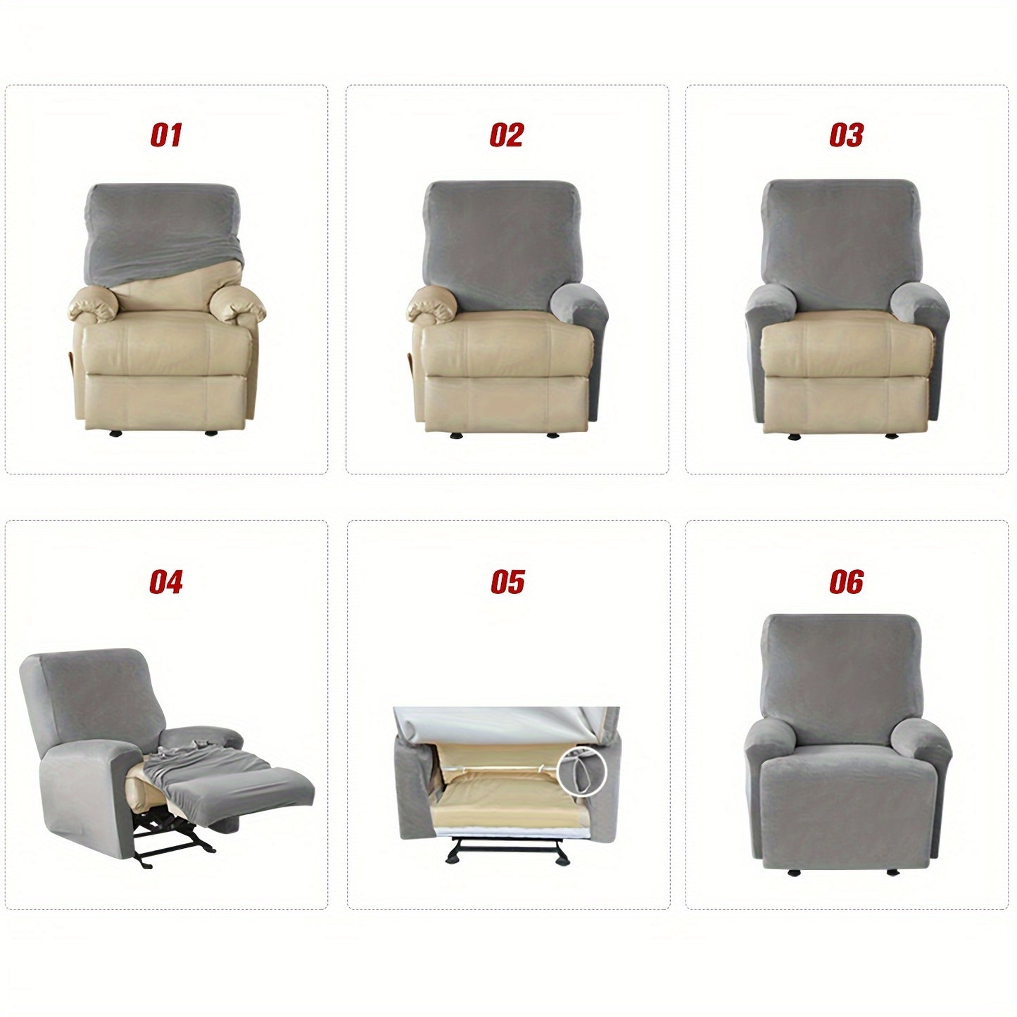 Waterproof, stretchable recliner chair covers set of 4. Suitable for all seasons with skin-friendly fabric. Machine washable.