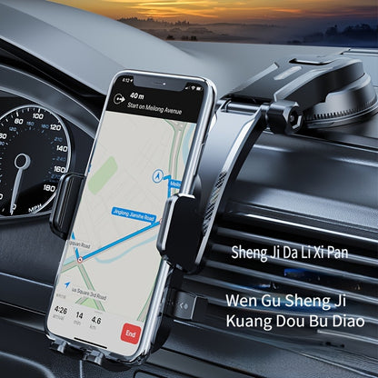 This phone holder rotates 360°, mounts on dashboard with suction cup, made of durable ABS material for secure grip while driving. Allows for safe navigation and flexible positioning of