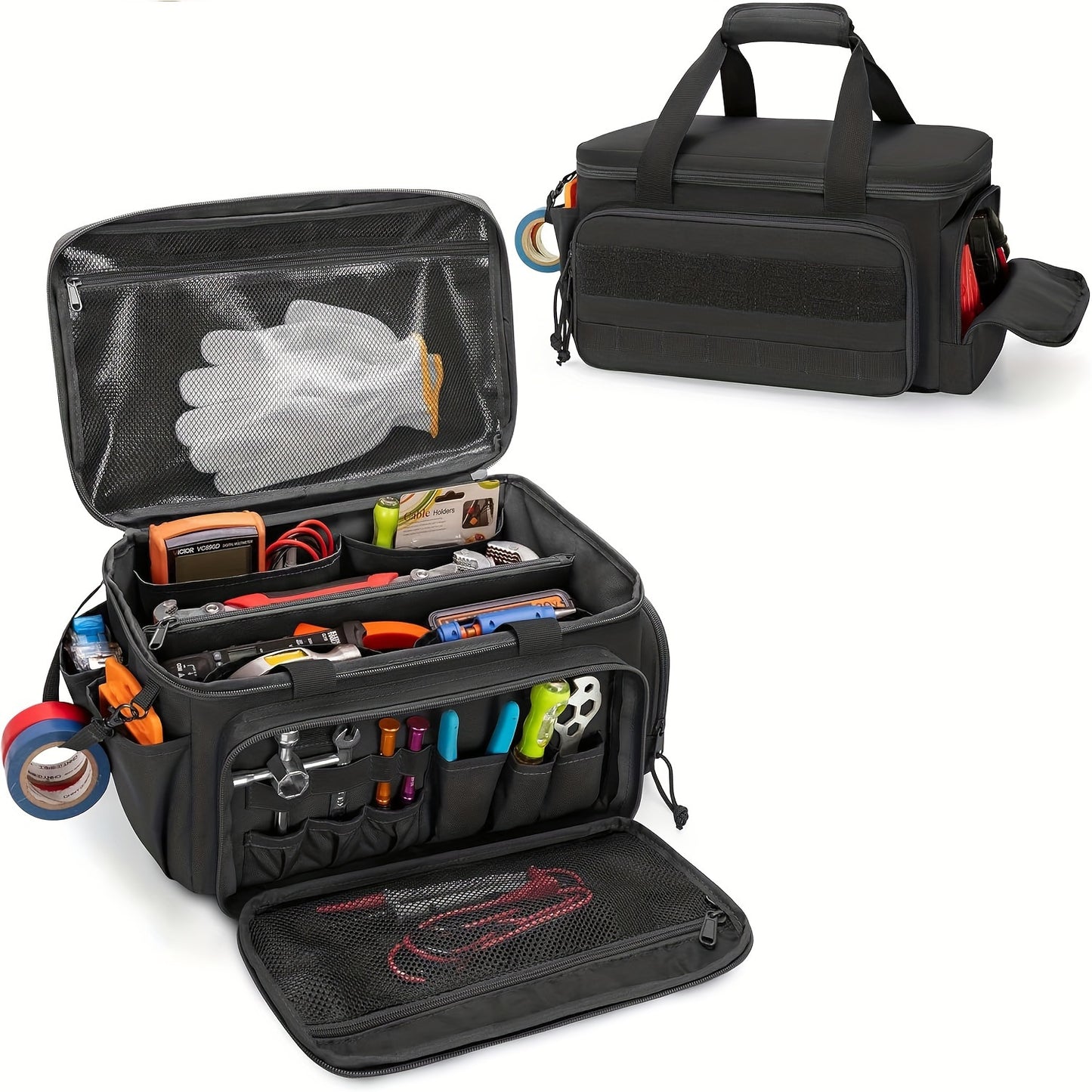 14-inch tool bag for men, with durable fabric, anti-abrasion base, multi-purpose organizer for electrician, repair, maintenance, and handyman use, non-waterproof black storage bag.