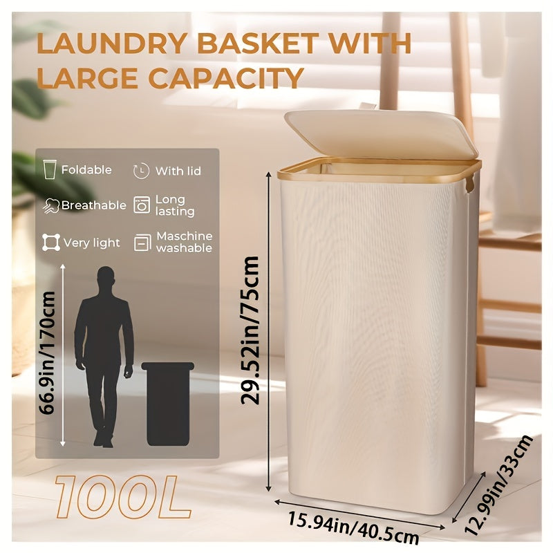 Foldable 100L Laundry Basket with Lid and Liner - Ideal for Bedroom, Bathroom, Dorm, and Laundry Room - Grey/Black