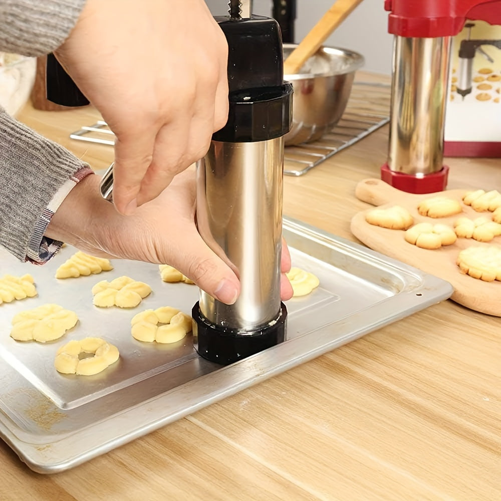 22-piece stainless steel cookie press kit includes 13 disc shapes and 8 icing tips for manual biscuit making and decorating. This non-electric dough extruder and cake decorator is perfect for home baking tools.