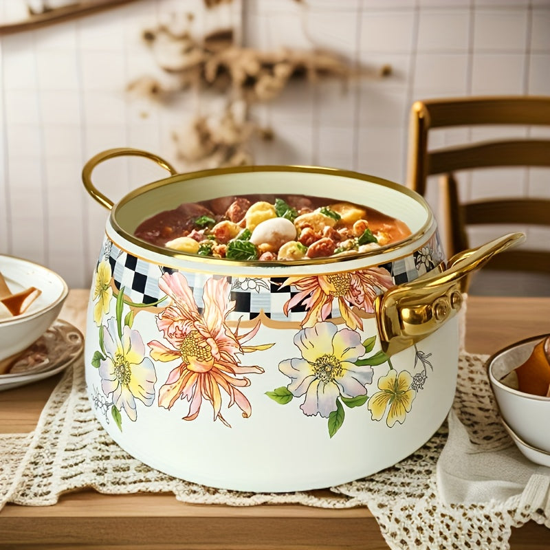 French Daisy Stockpot with Lid, featuring Enamel Coating and Induction Compatibility, adorned with a Beautiful Floral Design - No Electricity Required, making it Ideal for Cozy Fall Evenings.