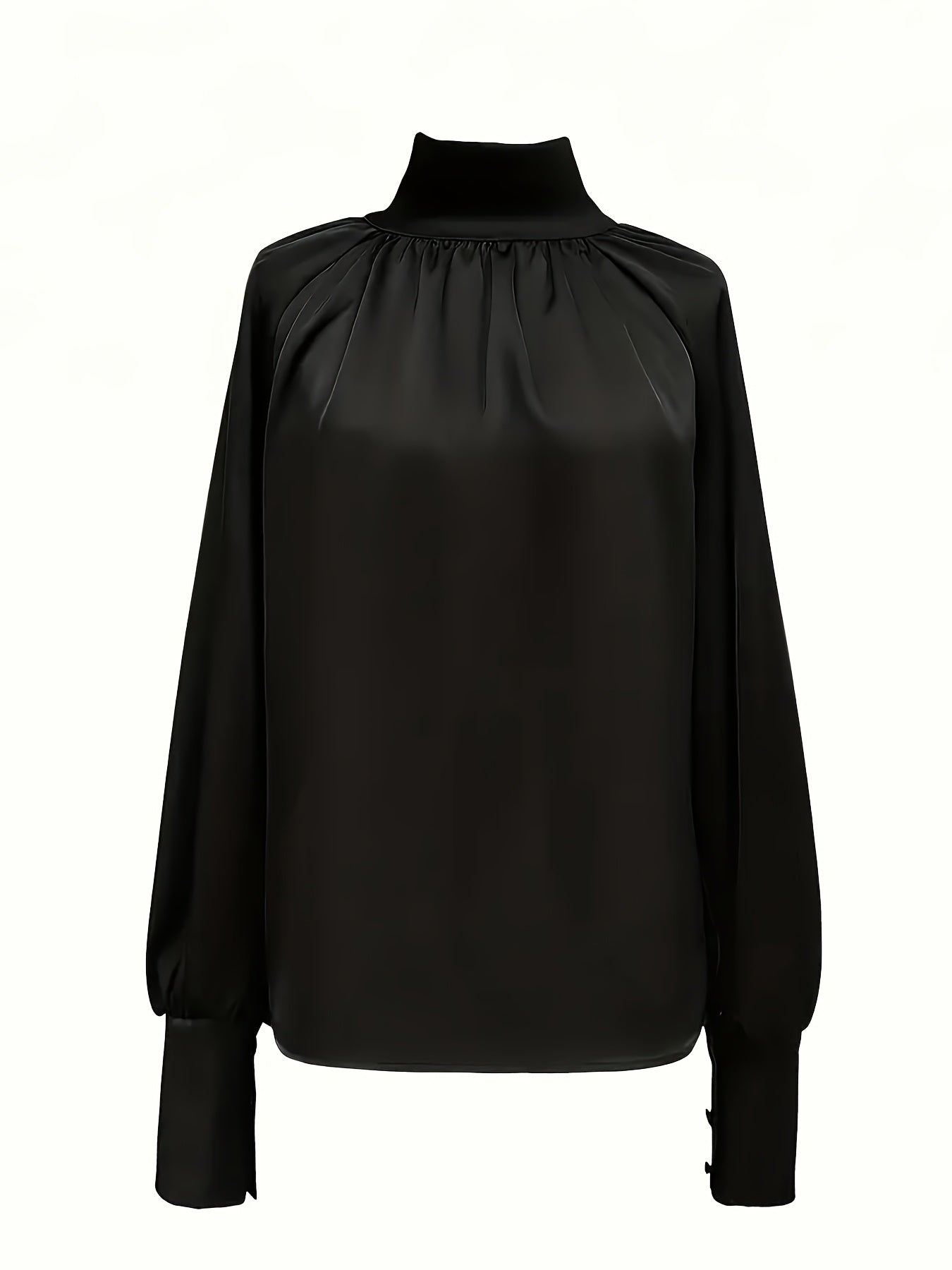 Stylish black satin blouse with lantern sleeves, high neckline, loose fit, and button detail in polyester fabric for women's fashion.