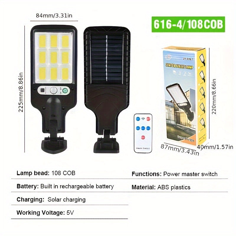 1 SMART solar street light with motion sensor, automatic switch, and remote control for safety lighting in gardens and courtyards.