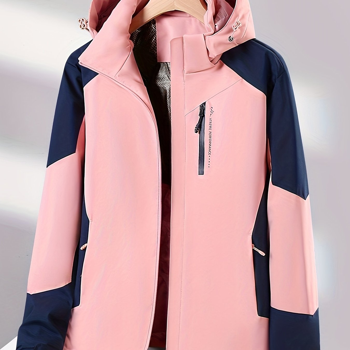 Women's Color Block Hooded Polyester Winter Sports Jacket with Waterproof and Lightweight features, Long Sleeve Zippered Coat with 100% Polyester Lining, H Fit, 150g/m² Fabric Weight.