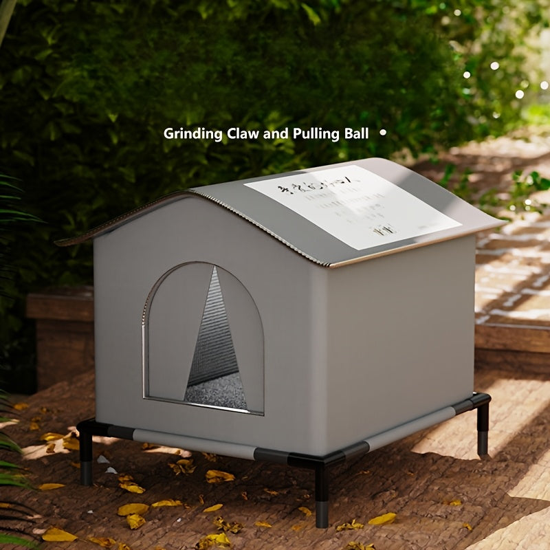 Waterproof outdoor cat shelter with stand, warm cushion, and Oxford fabric for stray cats.