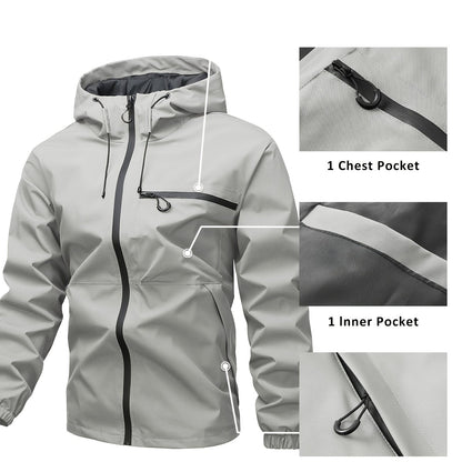 Outdoor men's jacket 1825 with windproof and waterproof design, hood, solid color, and multi-pocket.