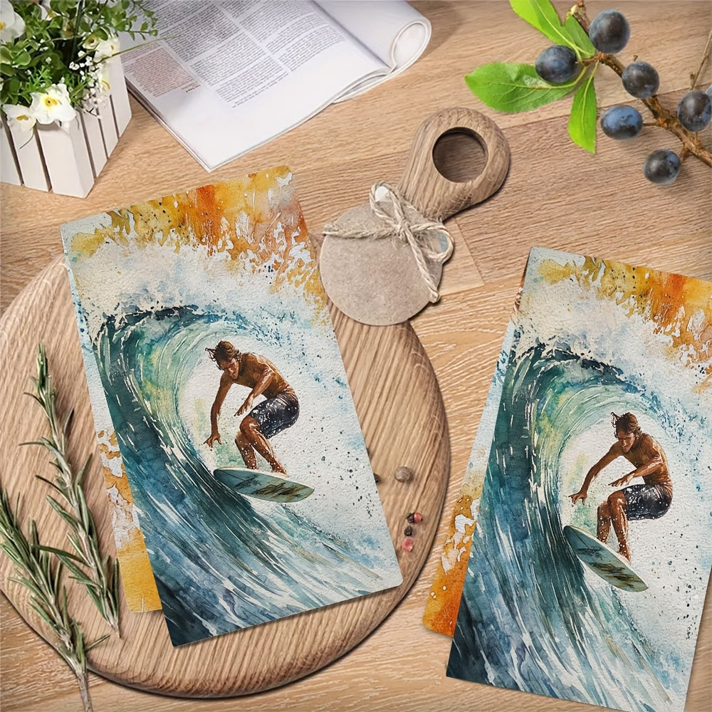 Surf's Up! Set of 2 Ultra Soft Kitchen Towels featuring Vibrant Surfer Design - Highly Absorbent & Quick-Dry Dish Hand Towels, Machine Washable, 40.64x60.96 cm - Perfect for Holiday Decor & Daily Use, Dish Towels