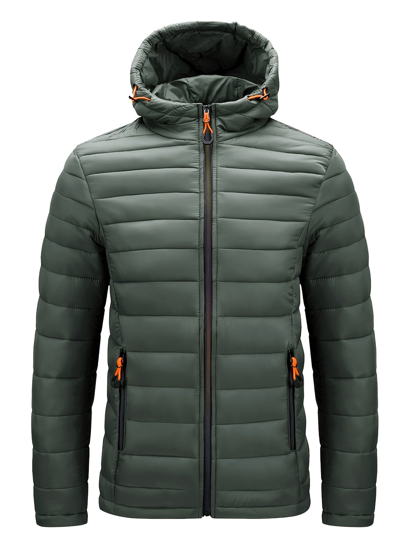 Men's winter hooded jacket with green and orange zipper pockets, made of a warm nylon-polyester blend. Features a full-zip design, ribbed cuff sleeves, and quilted insulation for casual