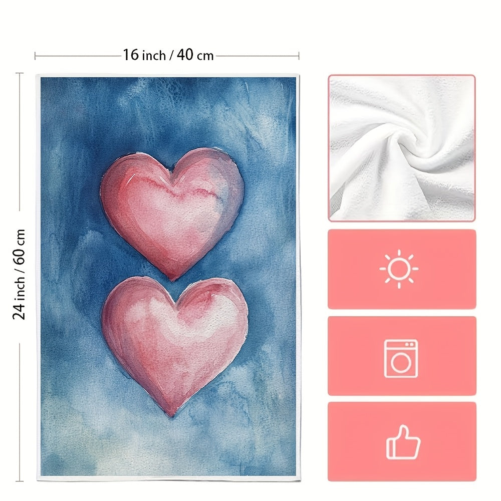 This set includes two ultra-soft kitchen towels with Valentine's hearts design, perfect for drying dishes. They are highly absorbent, suitable for holiday decoration, and can be easily machine washed. Each towel measures 40.64X60.96 cm.