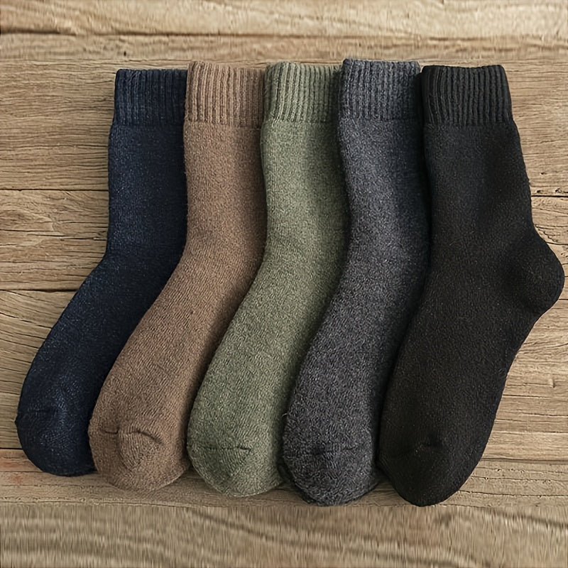 Set of 3/5 Men's Thickened Warm Mid-Calf Socks in Solid Colors for Autumn and Winter Comfort