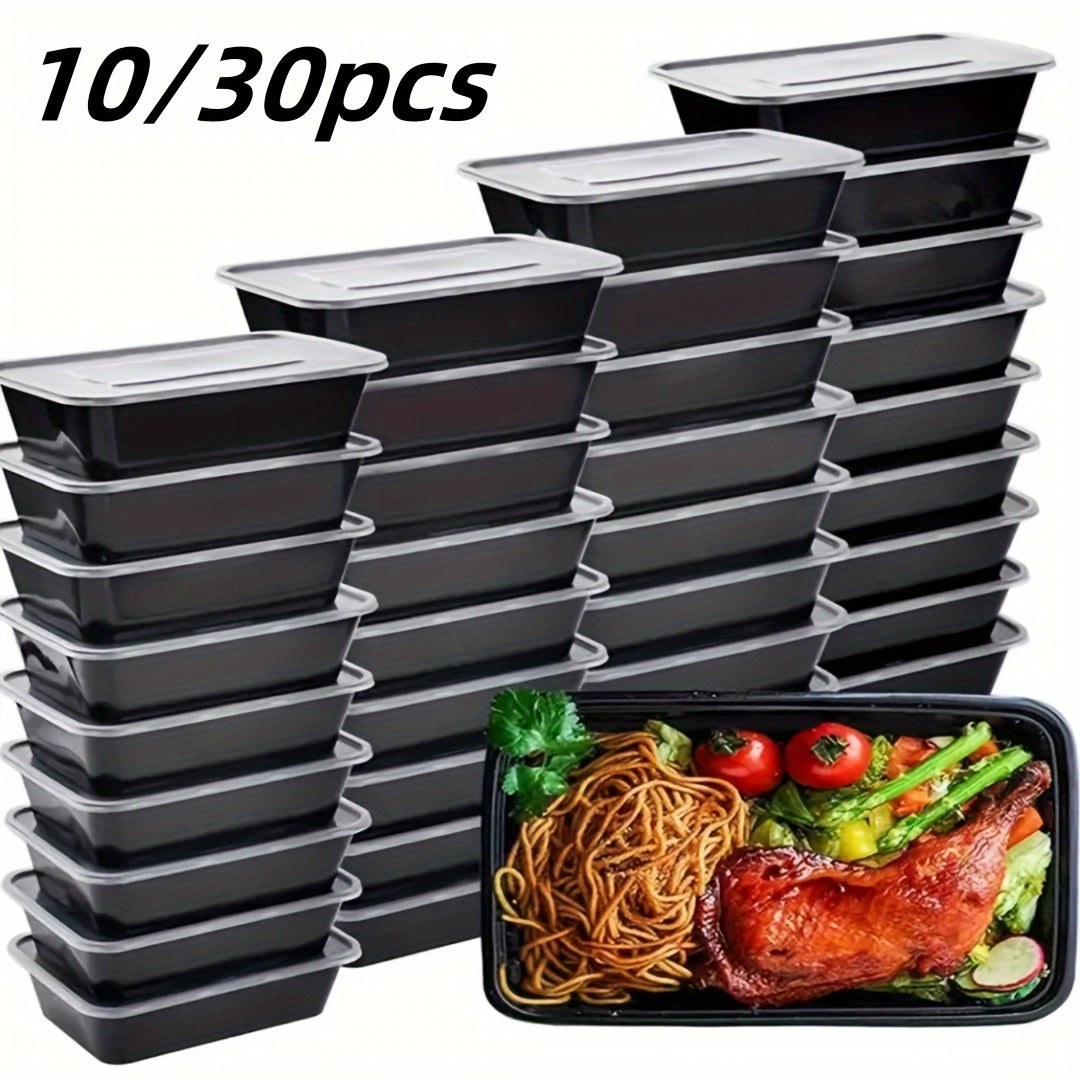 Set of 10/30 meal prep containers that are microwave-safe and perfect for storing takeout food. These leak-resistant containers can be stacked for easy storage and are safe to use in the dishwasher and freezer. They are portable bento boxes that are