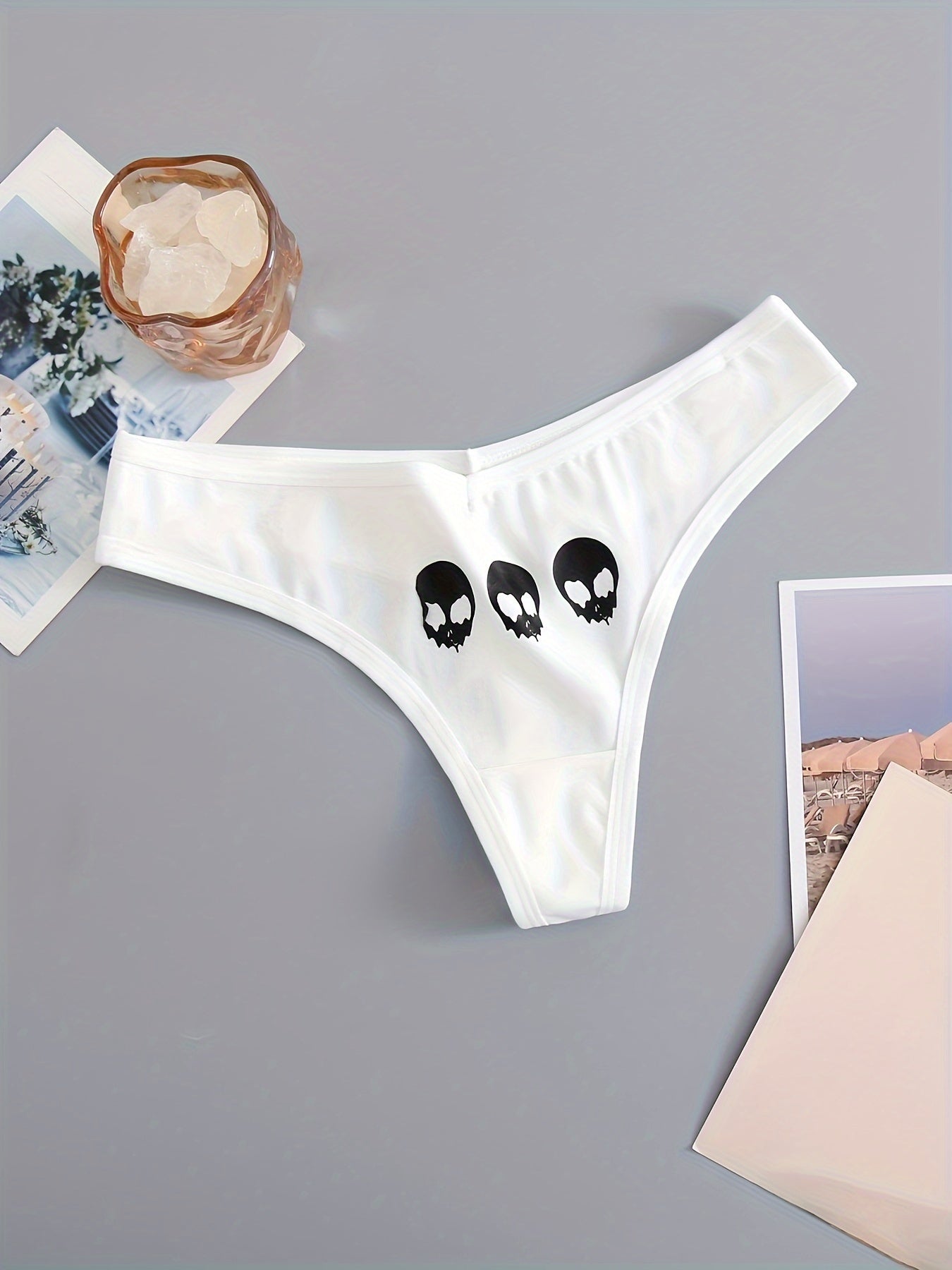 3 Skull Print Thongs, Soft & Stretchy Women's Lingerie