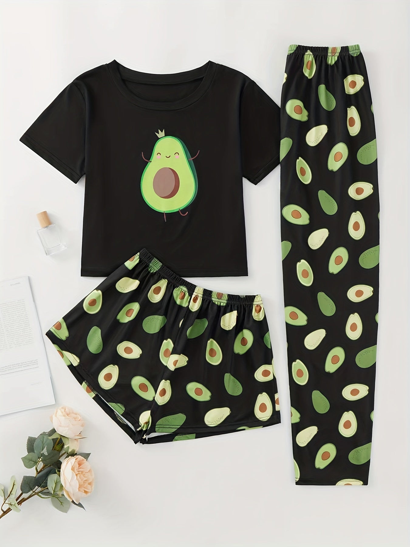 Avocado print pajama set with short sleeve top, elastic waistband shorts and pants for women's sleepwear and loungewear.