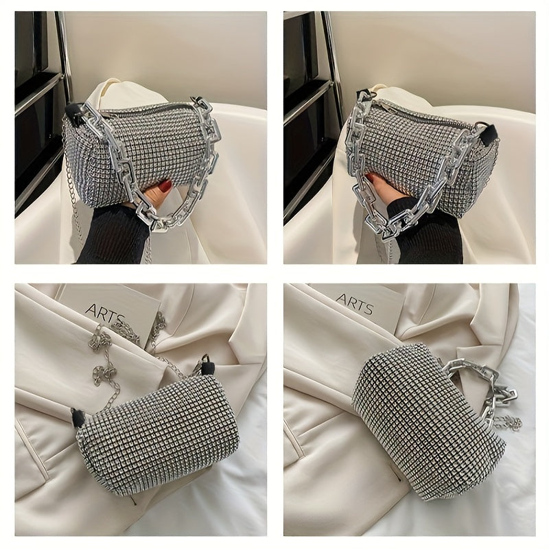 Metallic evening bag with chain strap, zip closure, and polyester lining in silver grey - a stylish accessory for women.