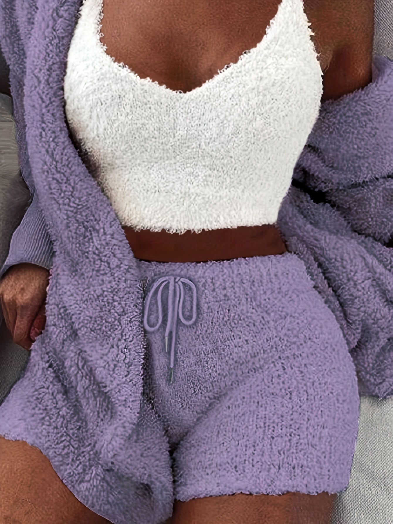 Women's cozy pajama set with long sleeve hooded robe, tank top, and drawstring shorts for sleepwear and loungewear.