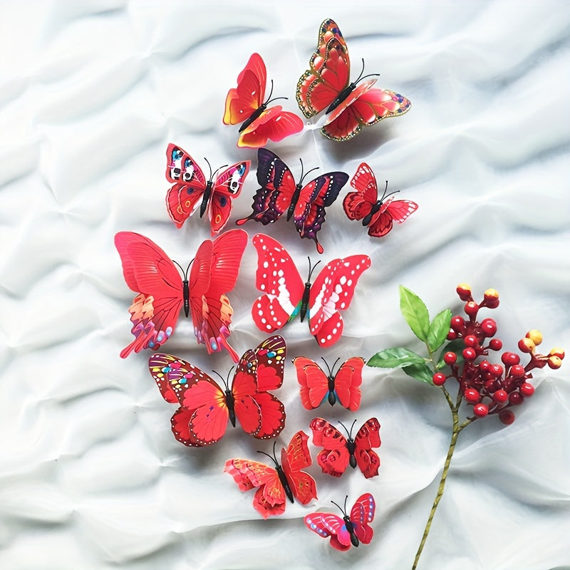 12 pieces of 3D magnetic butterfly wall stickers made of contemporary animal print PVC with a metal surface. They are self-adhesive, reusable, irregularly shaped, and have a matte finish. Suitable for home and kitchen decor.