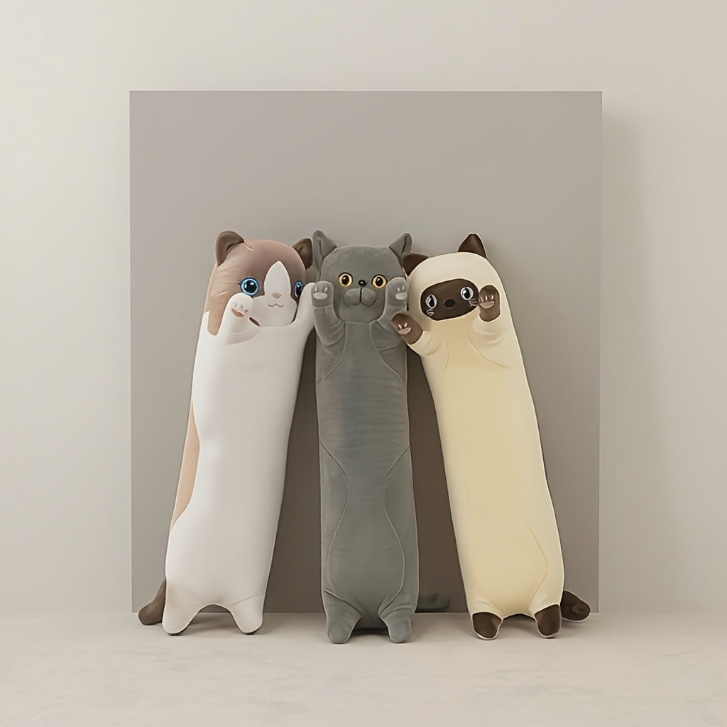 Adorable Cartoon Cat Plush Long Hug Pillow made of soft polyester, suitable for small dogs & cats. Ideal sofa companion.