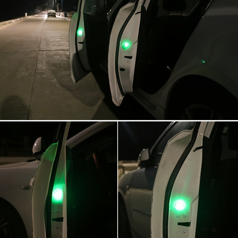 4 Red LED Car Door Lights with Circular Design and Patterned Surface for Enhanced Visibility and Easy Installation, Made of Durable Plastic for Safety and Aesthetic Appeal.