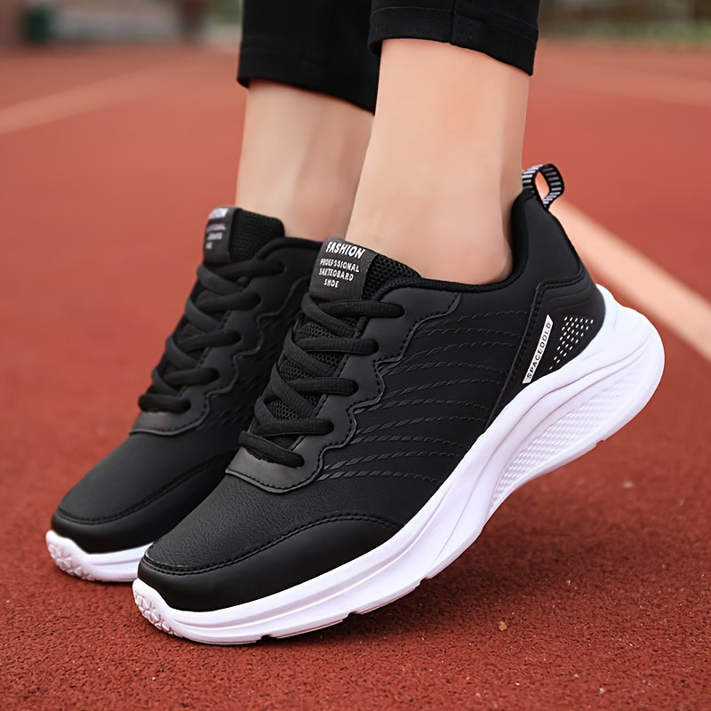 Women's water-resistant fashion sports sneakers with solid color, low top design, lace-up closure, EVA sole, superfine fiber insole, and all-season PU upper for comfort.