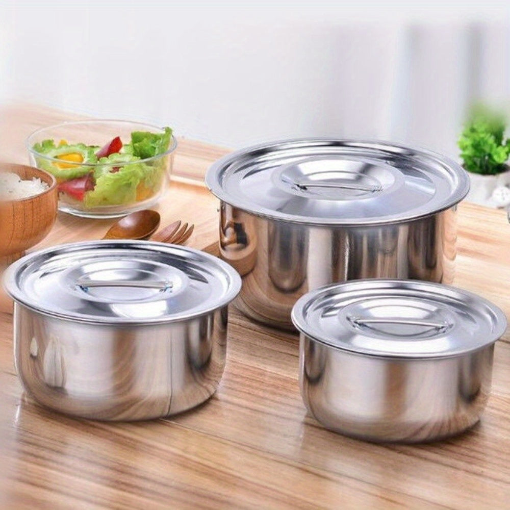 5-piece stainless steel cooking pot set with lid, perfect for use on induction cookers, gas stoves, and electric pottery stoves. Includes a seasoning jar, salad basin, and Thai pot. Ideal for Christmas parties, Ramadan gatherings, and suited for use in