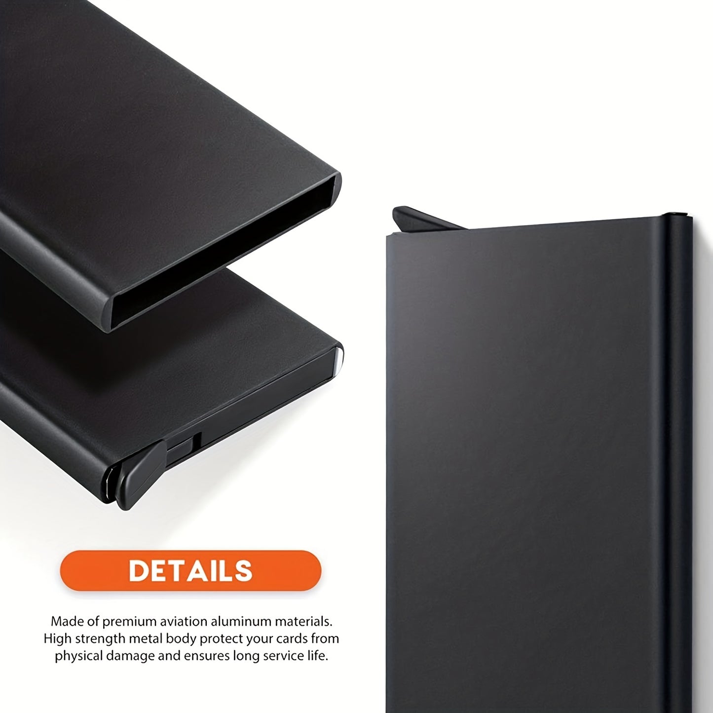 Aluminum RFID-blocking wallet with slim design for men and women, protects cards from damage and theft.