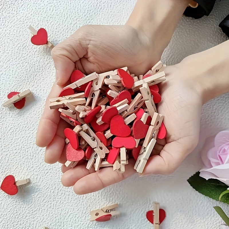 25 red heart wooden clothespin clips for photos, paper, or postcards, ideal for home decor or wedding stationery.