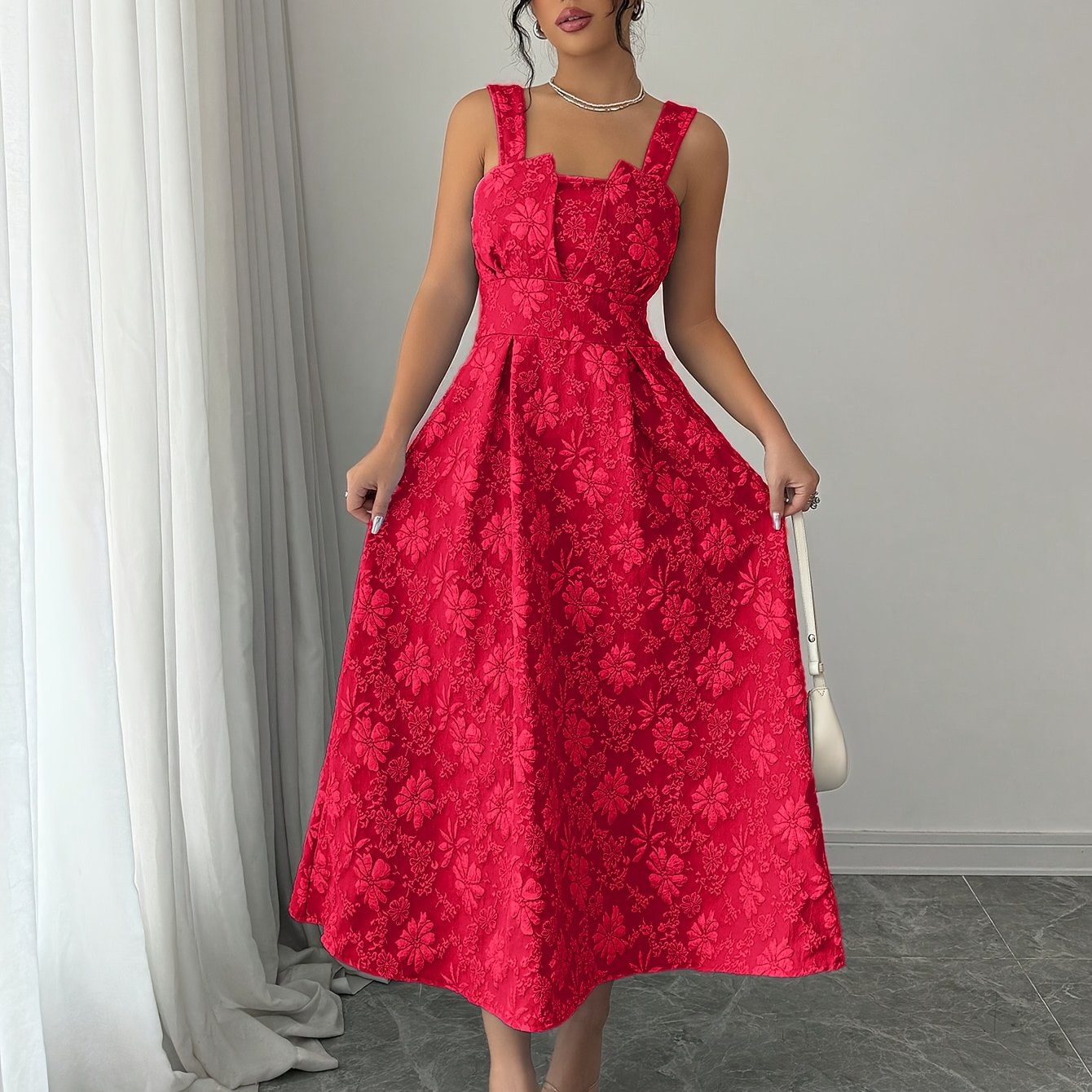 Off the shoulder A-line dress in solid color, polyester fabric with strapless detail and waist cinching. Perfect for spring and fall, featuring textured fabric.