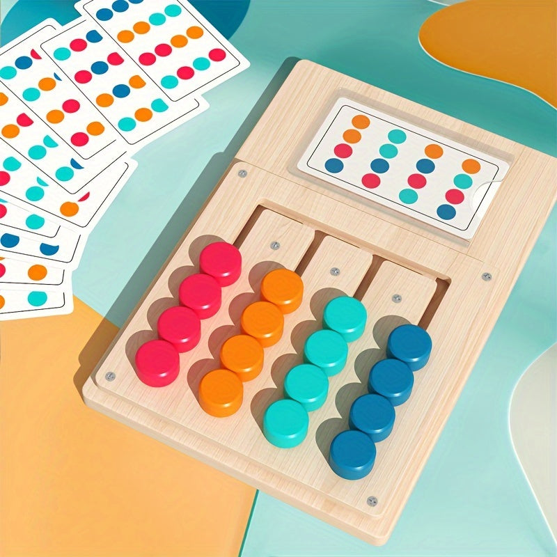 Wooden educational game for youngsters, promoting strategic thinking development and color recognition through four-color card matching. Features vibrant red, green, blue, and yellow pieces.