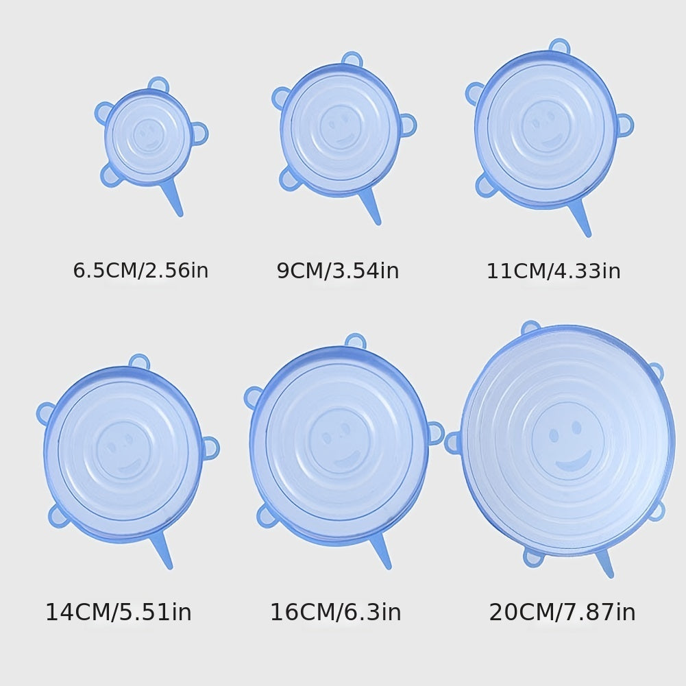 Set of 6 silicone stretch lids, designed to be washable and reusable. They fit a variety of sizes of food containers, serving as bowl covers and providing a tight seal.