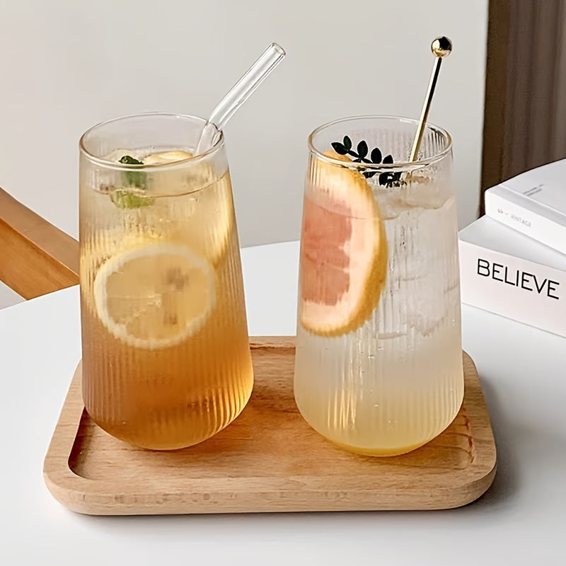 High-quality striped glass cup made of high borosilicate, ideal for various drinks in home, office, or restaurants.