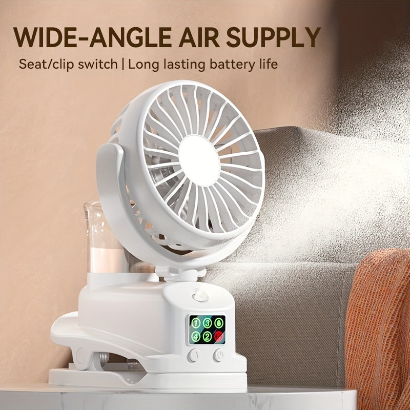 Introducing a convenient 2-in-1 USB fan and humidifier! This portable desktop fan offers 4 adjustable wind speeds and 2 humidity levels for customizable comfort. Operating silently at 360°, it keeps you cool and comfortable round the clock. Perfect for