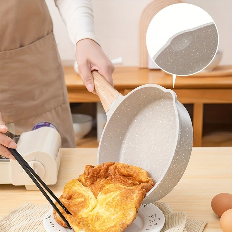 White Maifan Stone frying pan, suitable for both gas stoves and induction cookers. Versatile kitchen utensil ideal for cooking eggs, pancakes, and steaks. This flat, non-stick pan is a must-have for any kitchen.