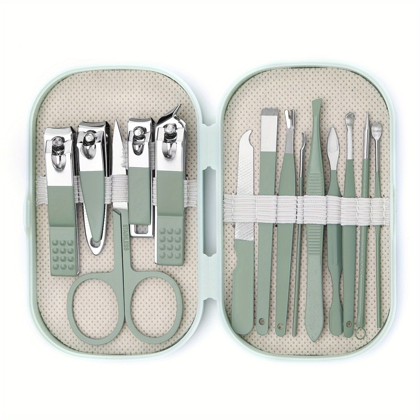 Modern 14pcs stainless steel nail and foot care tools set in portable storage box. Includes nail clippers and shaping tools. Unisex, fragrance-free, lightweight. No electricity or batteries