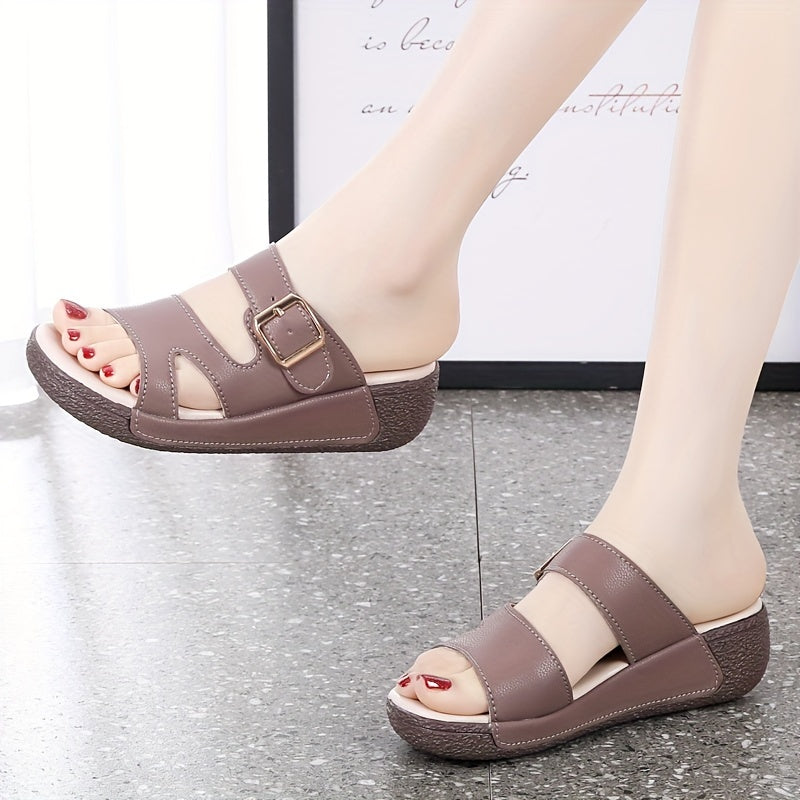 Women's Cut-out Wedge Slide Sandals with Buckle Detail