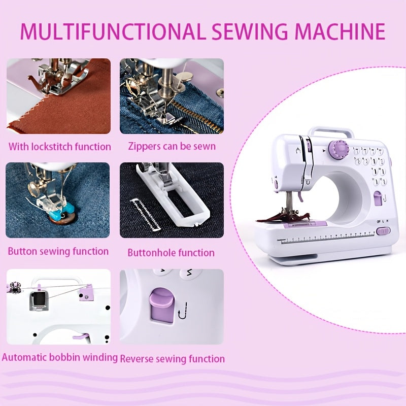 EU Regulation Mini Portable Electric Sewing Machine with 12 built-in modes. Ideal for beginners. Includes accessories such as bobbin pack, machine needle and threader. Can be powered by