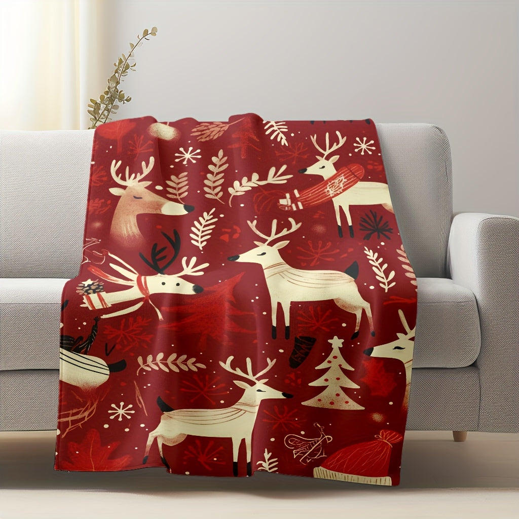 Stay cozy and festive with our 1pc Contemporary Style Red Christmas Reindeer Flannel Throw Blanket. This lightweight blanket is soft, warm, and comfortable, making it perfect for snuggling up on the sofa, taking a nap at home or in the office, camping