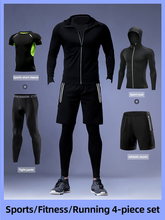 Men's Athletic Set: Includes hooded jacket, long sleeve shirt, shorts, and leggings for running, training, hiking, and outdoor activities. Made of polyester and spandex blend.