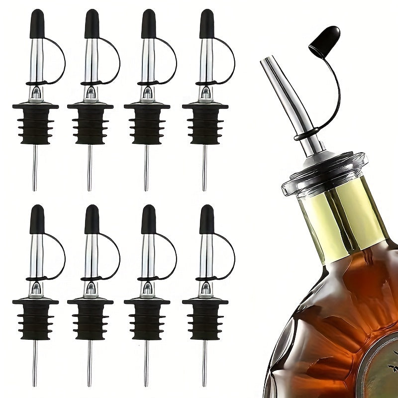 Stainless steel pourers in sets of 4, 6, 8, or 12 with rubber dust caps for liquor and vinegar bottles.