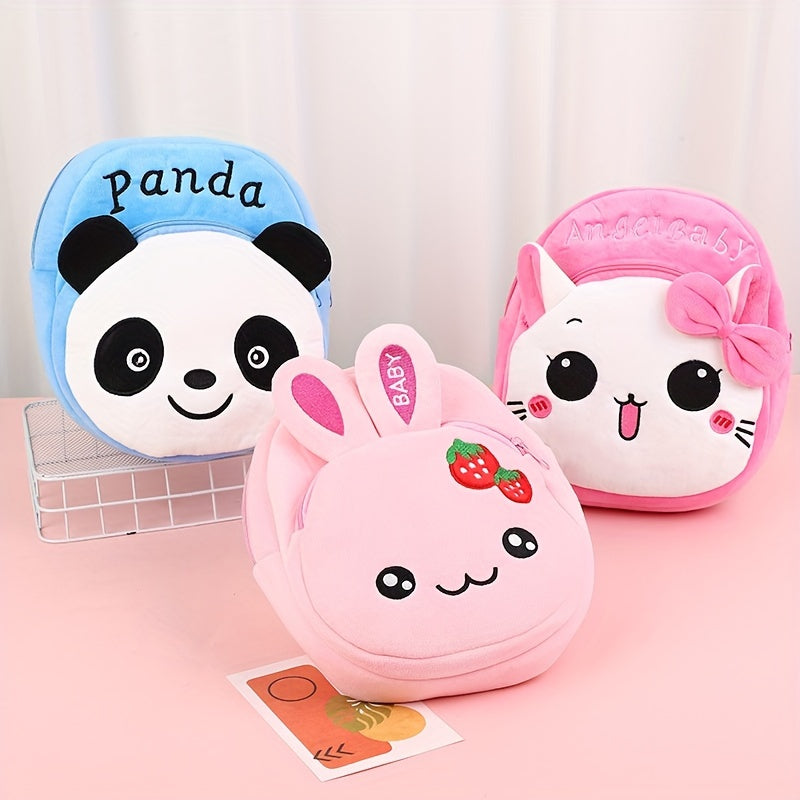 Youngsters' plush animal backpack set with zip closure - bunny, panda, and cat designs. Lightweight with adjustable straps, ideal for casual outings or gifts.