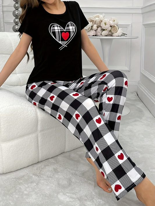 Women's Heart Plaid Casual Pajama Set, Short Sleeve Top & Pants, Relaxed Fit.