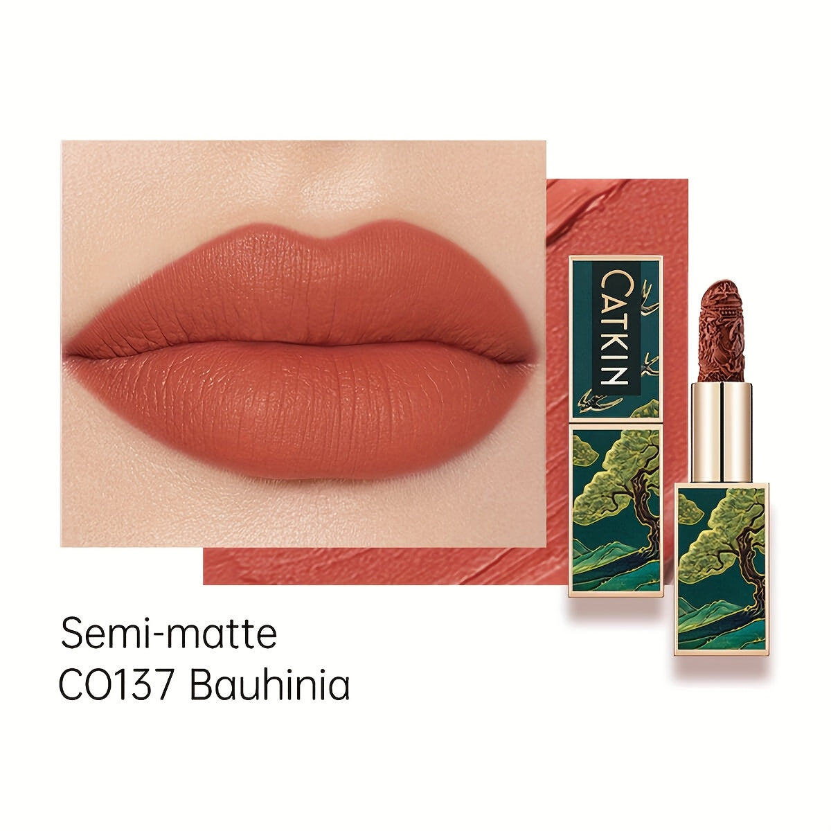 CATKIN Red Carving Matte Lipstick with Waterproof Long-Lasting Satin Finish for Smooth Red and Nude Lips.