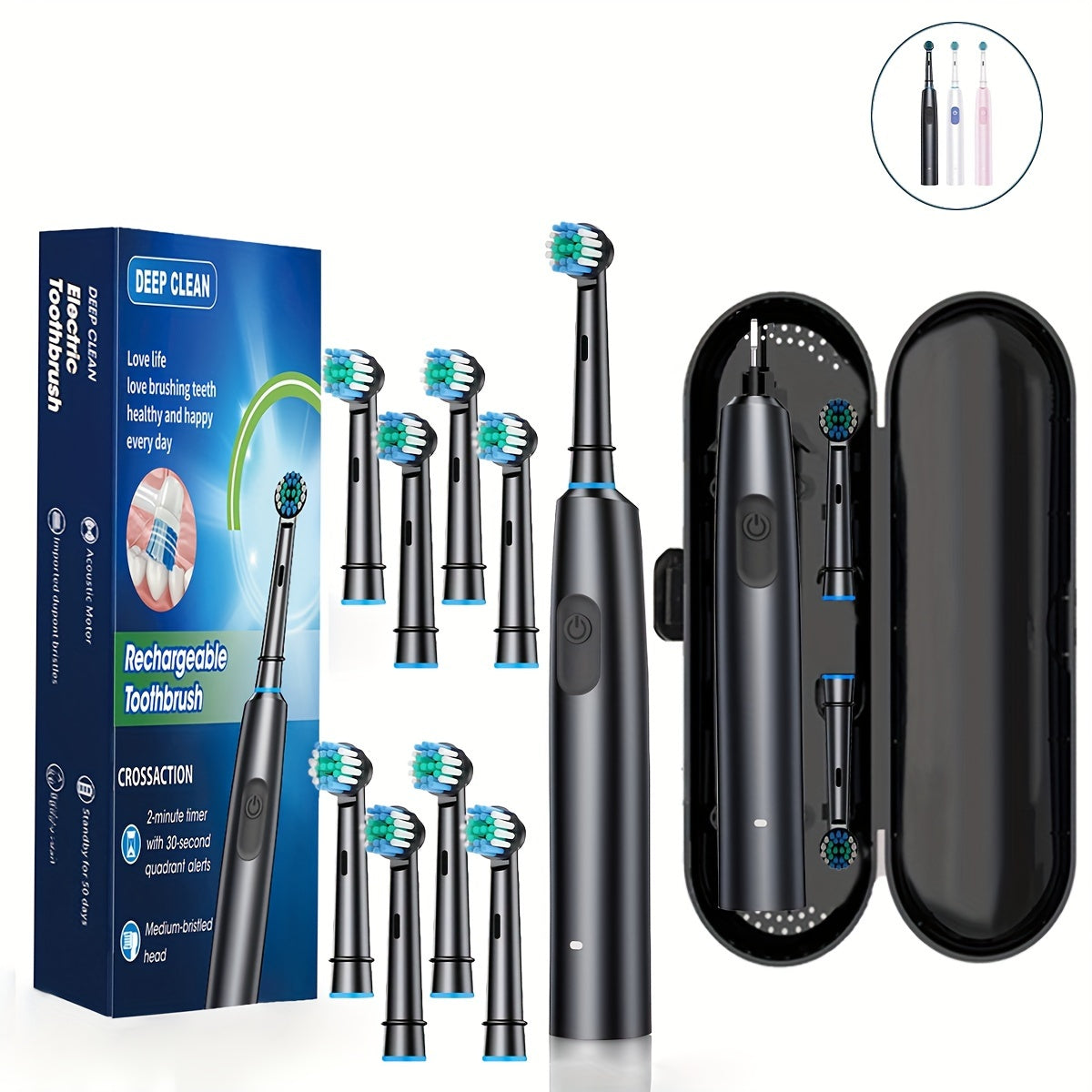 Electric toothbrush with 5 modes, 8 rotatable soft bristle heads, quick cleaning, USB charging, intelligent timing function, travel box included. Perfect gift for men and women in black