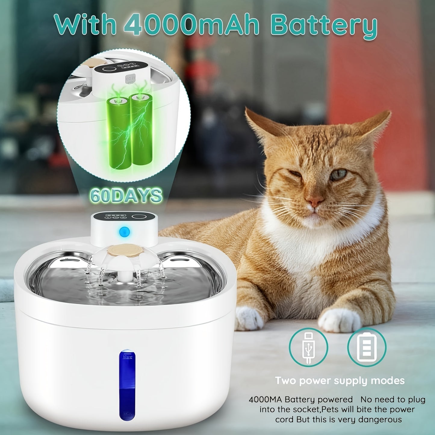 CW-WSJ2Cat fountain, 88oz/2.6 liters wireless automatic pet water dispenser with motion sensor, ultra-quiet and suitable for cats and dogs.